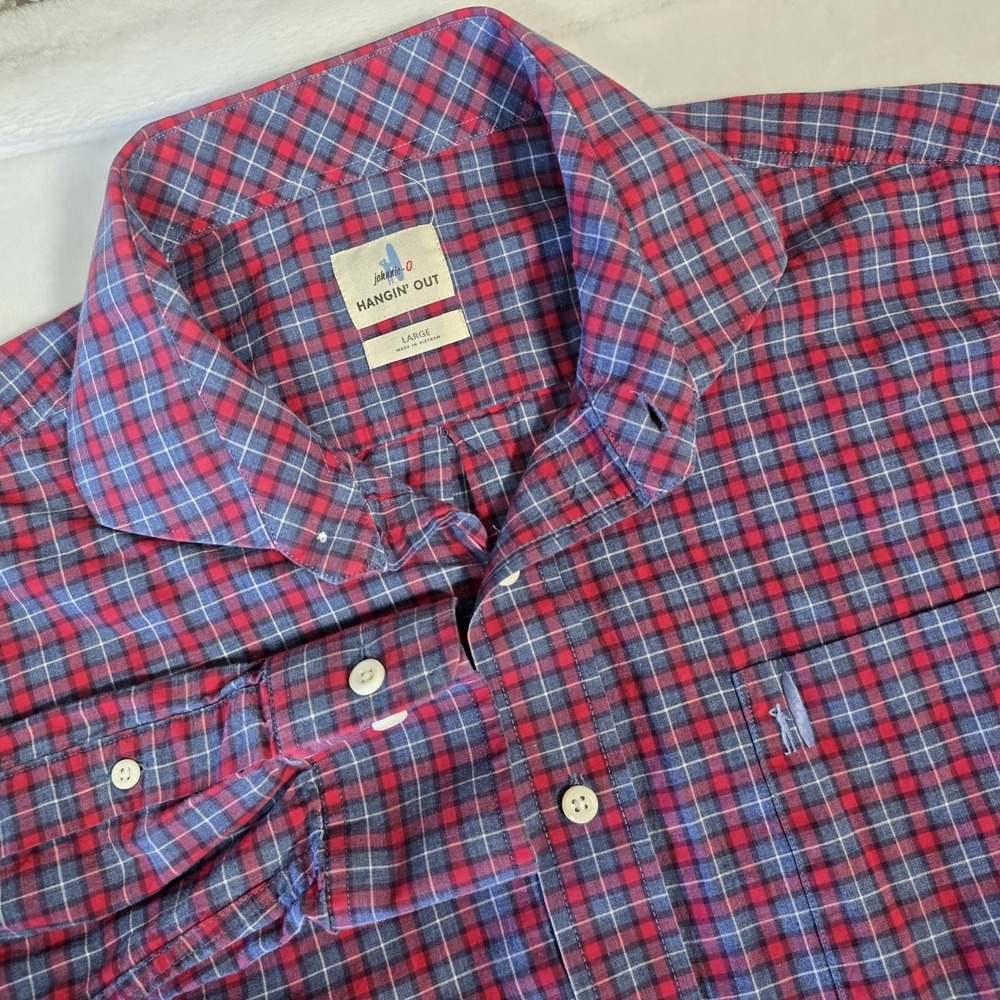 Johnnie O Hangin Out Mens Large Red Plaid Check Button Up Shirt Long Sleeve